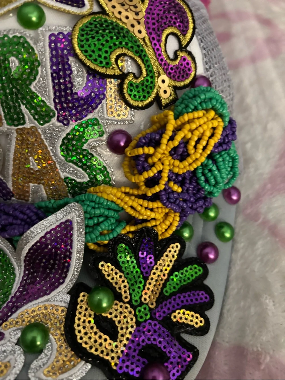 Mardi Gras Custom Beaded Hat - Purple, Green & Gold